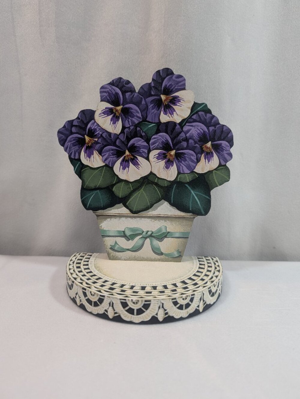 Hand Painted Wood Decorative Piece Potted Pansies on Lace Shelf Jean Burdo